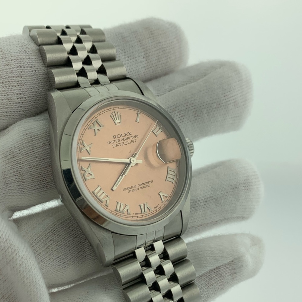 ROLEX MENS DATEJUST SS PINK ROMANNUMERAL DIAL 36MM